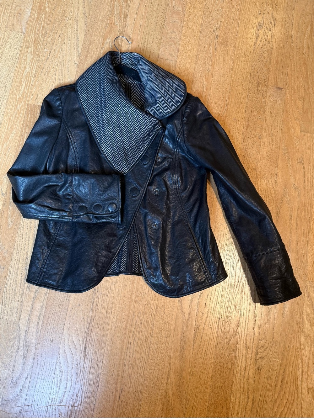 Black Leather Double-Breasted Jacket with Herringbone Collar
